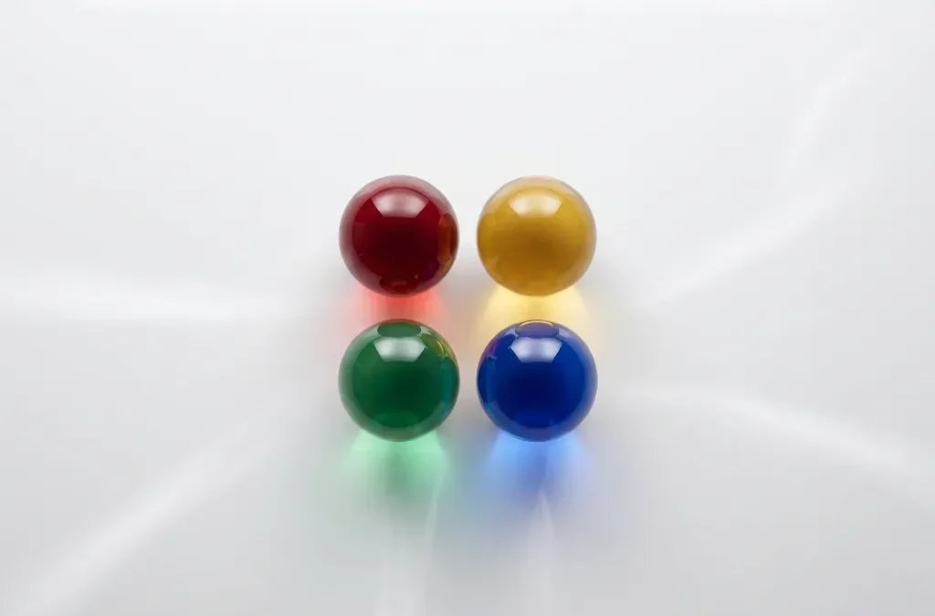 Vier gladde keramische bollen in rood, geel, groen en blauw symmetrisch gerangschikt op witte ondergrond met zachte kleurreflecties