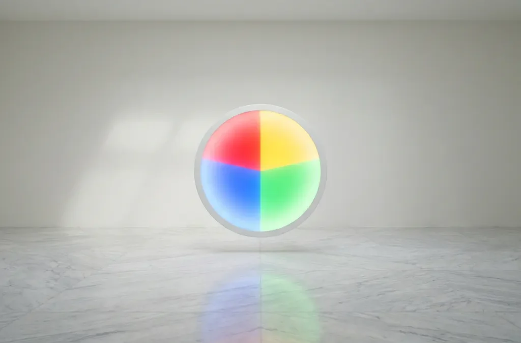 Witte cirkelschijf verdeeld in vier gekleurde segmenten rood, geel, groen en blauw op marmeren oppervlak
