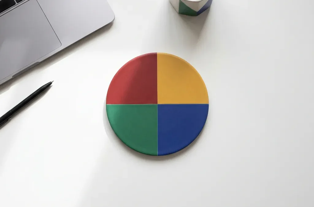 Witte cirkelschijf verdeeld in vier gekleurde kwadranten rood, geel, groen en blauw op modern bureau met laptop en pen