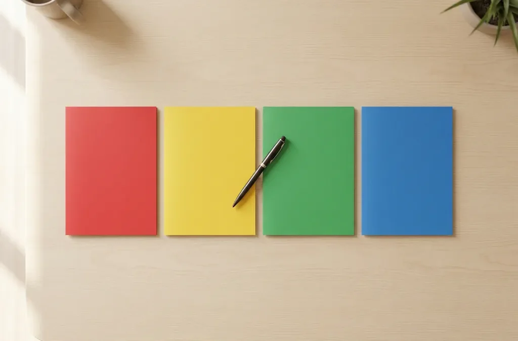 Vier gekleurde mappen in rood, geel, groen en blauw netjes gerangschikt op houten bureau met elegante pen, bovenaanzicht