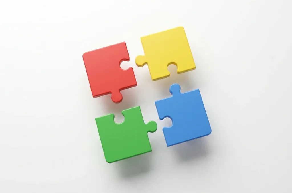 Vier gekleurde puzzelstukken in rood, geel, groen en blauw zweven boven wit oppervlak, klaar om te verbinden