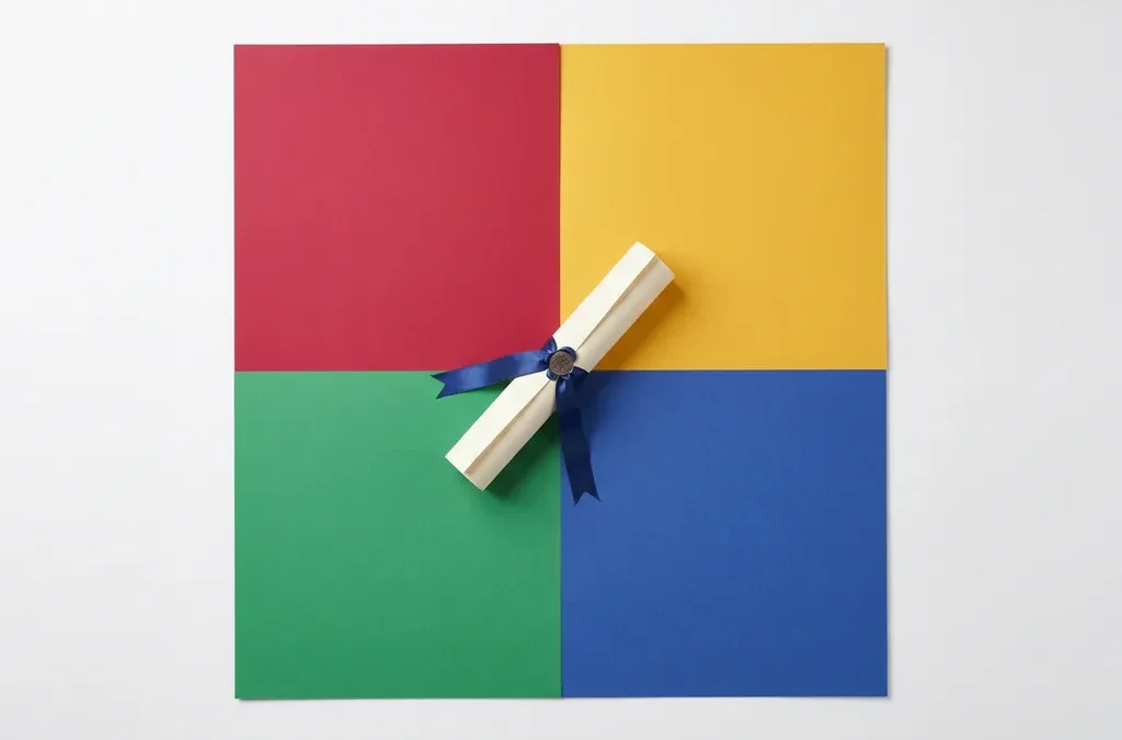 Certificatielint op het snijpunt van vier gekleurde kwadranten in rood, geel, groen en blauw, bovenaanzicht.