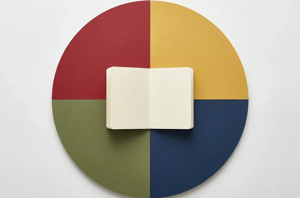 Certificatieboekje in het midden van vier geometrische kwadranten in rood, geel, groen en blauw op witte achtergrond.