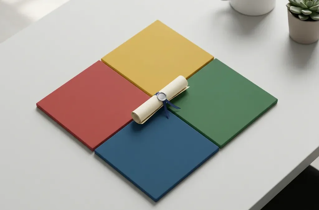 Minimalistische platte lay van een certificaatlint op vier kleurvlakken in rood, geel, groen en blauw.