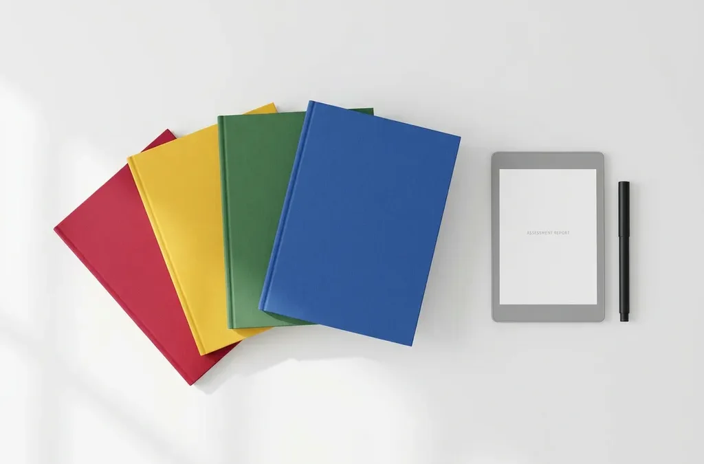 Vier kleurrijke certificeringsworkbooks uitgewaaierd op wit bureau met beoordelingsrapport en pen in zacht natuurlijk licht.