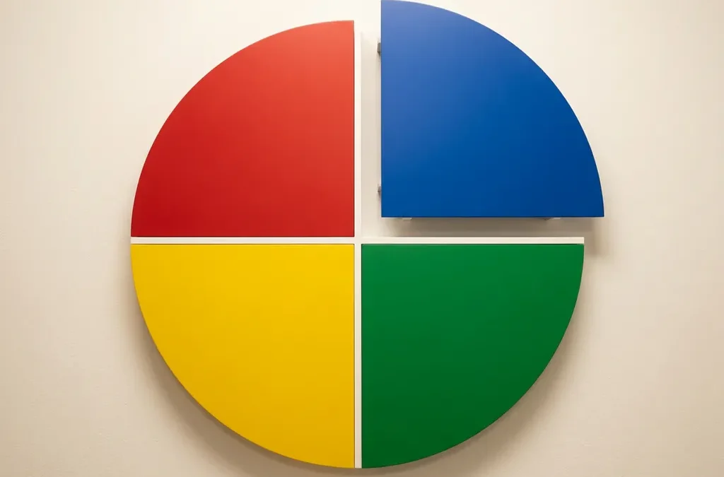 Vier geometrische cirkelsegmenten in rood, geel, groen en blauw, één kwart licht losgemaakt van de andere drie.