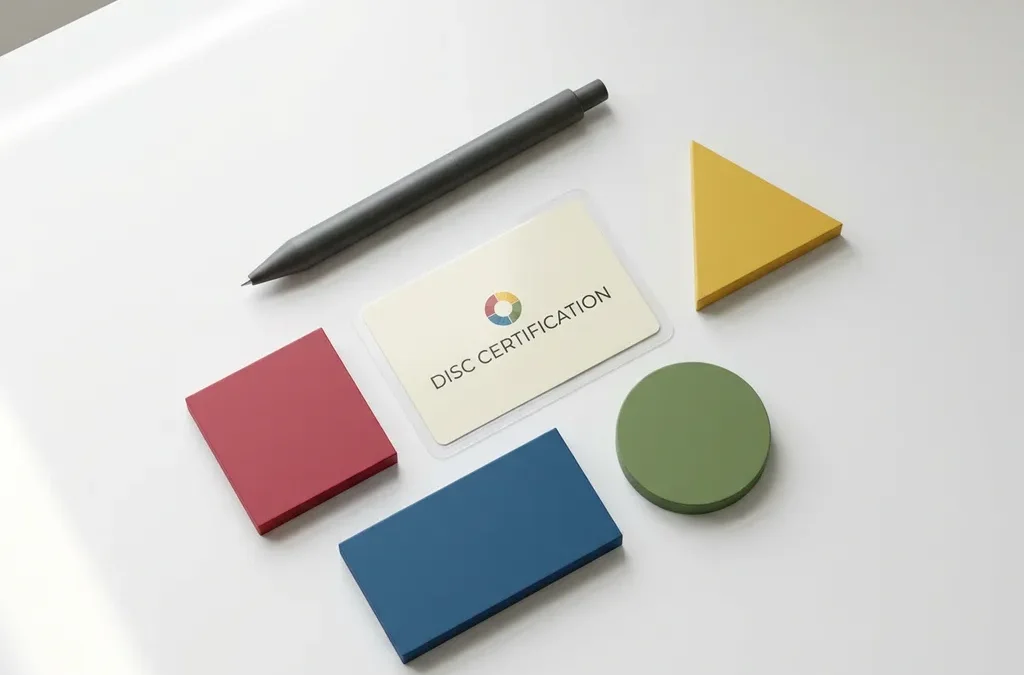 DISC-certificeringskaart op wit bureau, omringd door rode, gele, groene en blauwe geometrische vlakken met een pen ernaast.