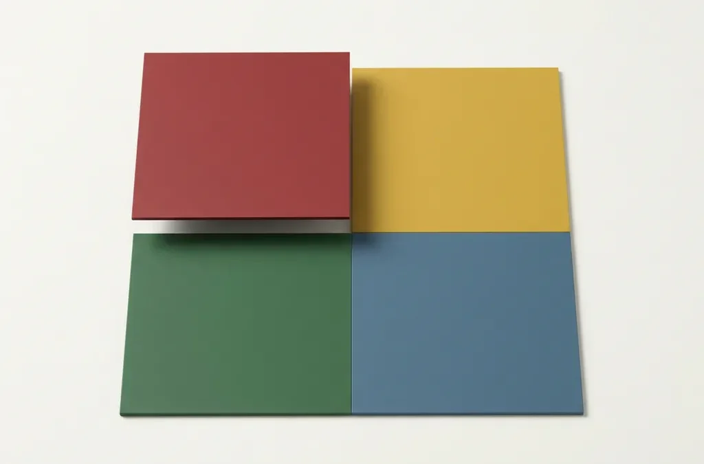 Vier geometrische kwadranten in DISC-kleuren rood, geel, groen en blauw, met één subtiel opgetild vlak dat een trainingscertificaat suggereert.