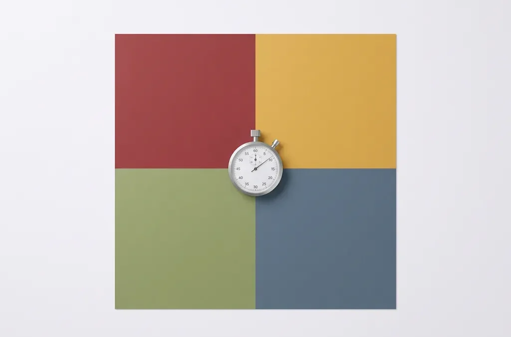 Vier geometrische kwadranten in rood, geel, groen en blauw met een stopwatch in het middelpunt, DISC-model visualisatie.
