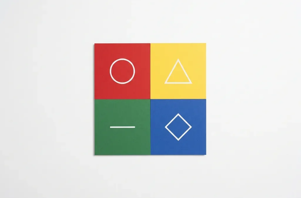 Vier geometrische kwadranten in rood, geel, groen en blauw met minimale symbolen: cirkel, driehoek, lijn en ruit op wit vlak.