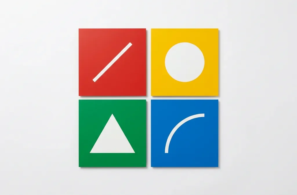 Vier geometrische kwadranten in rood, geel, groen en blauw met minimalistische groeisymbolen op witte achtergrond.