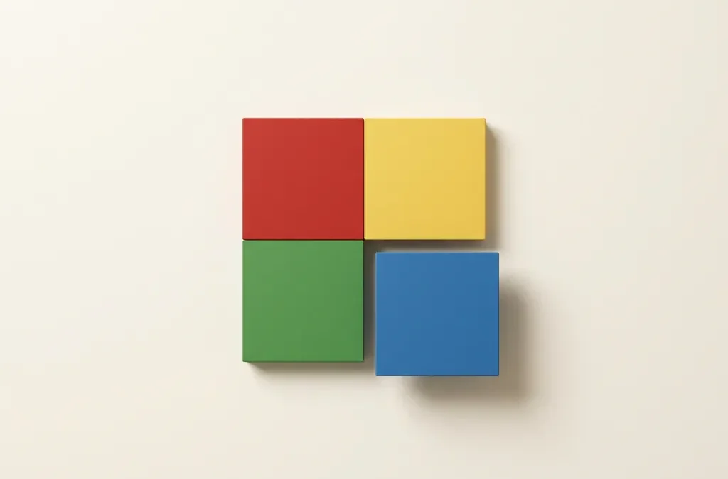 Vier geometrische kwadranten in rood, geel, groen en blauw, één licht verheven met zachte schaduw, bovenaanzicht op off-white ondergrond.