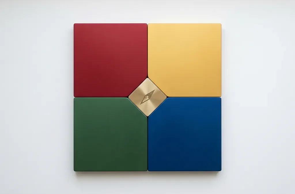 Vier geometrische kwadranten in rood, geel, groen en blauw met een minimalistisch kompas op het middelpunt, strakke witte achtergrond.