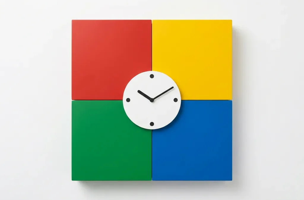 Geometrisch kalenderraster met vier kwadrantenkleuren rood, geel, groen en blauw, met een minimalistische klok in het middelpunt.