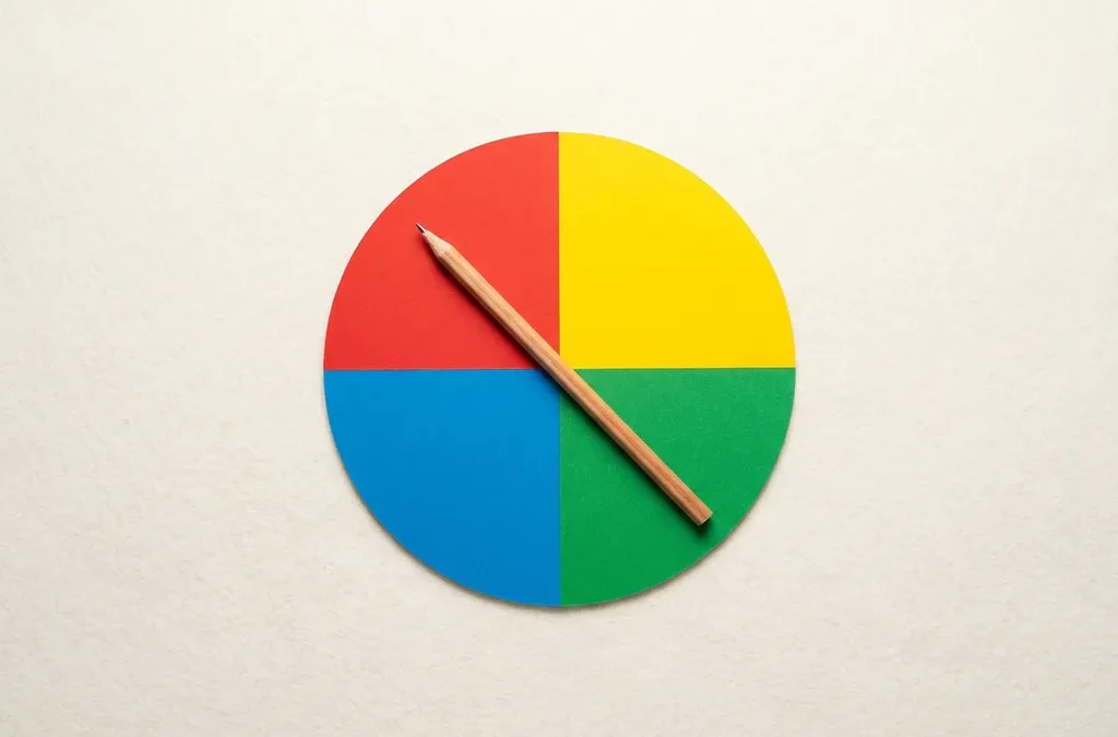 Kleurrijke cirkel in vier kwarten rood, geel, groen en blauw met een potlood er diagonaal overheen, bovenaanzicht.