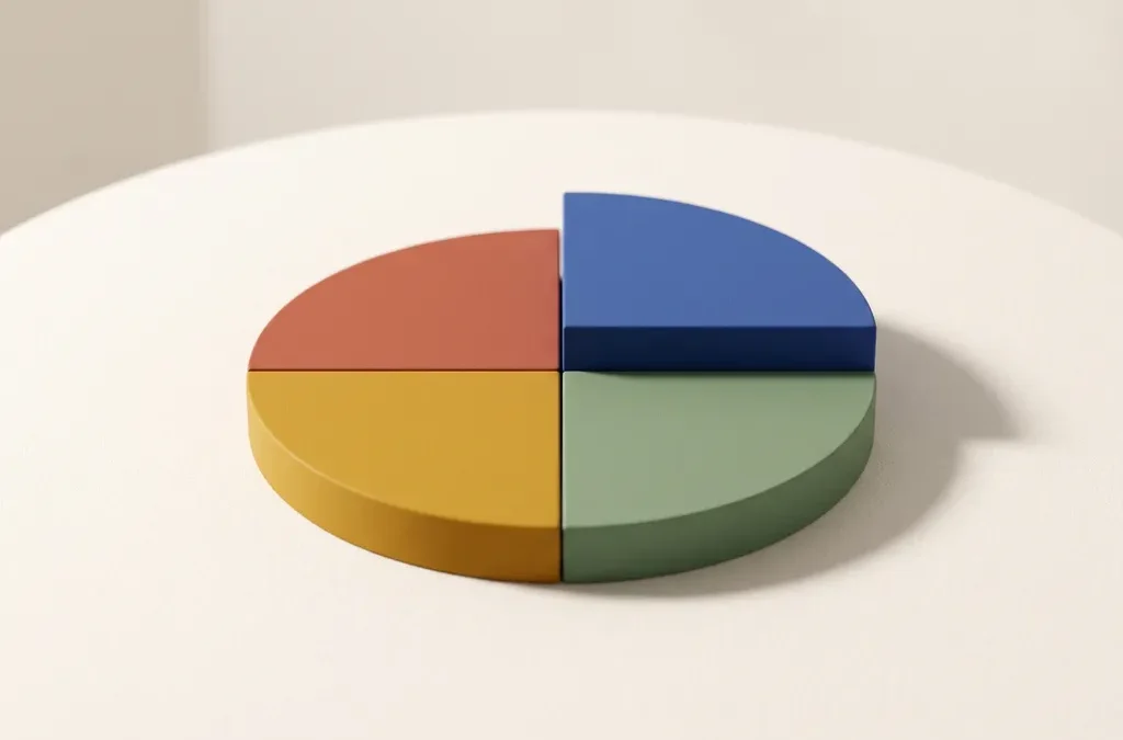 Vier geometrische kwarten in rood, geel, groen en blauw als cirkel, één kwart licht omhooggeheven met zachte schaduw.