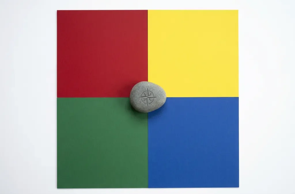 Vier minimalistische geometrische kwadranten in rood, geel, groen en blauw met een kompas op het middelpunt, omgeven door wit vlak.