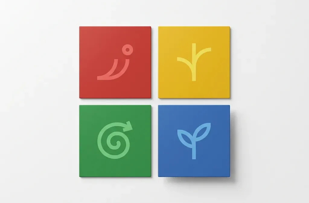 Vier gekleurde geometrische kwadranten in rood, geel, groen en blauw op wit vlak, elk met een minimalistisch abstracte vorm die groei symboliseert.