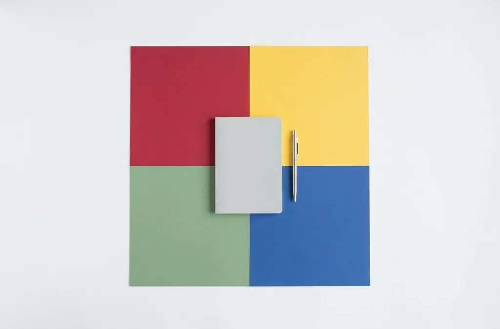 Vier geometrische kwadranten in rood, geel, groen en blauw met een notitieboekje en pen op het middelpunt, minimalistische bovenaanzicht compositie.