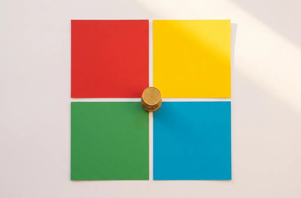 Gouden muntstapel op het snijpunt van vier geometrische kwadranten in rood, geel, groen en blauw, symboliseert rendement op investering.