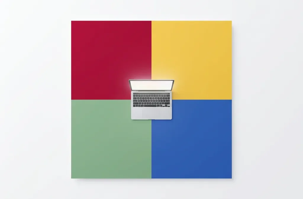 Laptop op kleurrijke geometrische achtergrond met rode, gele, groene en blauwe kwadranten, bovenaanzicht.