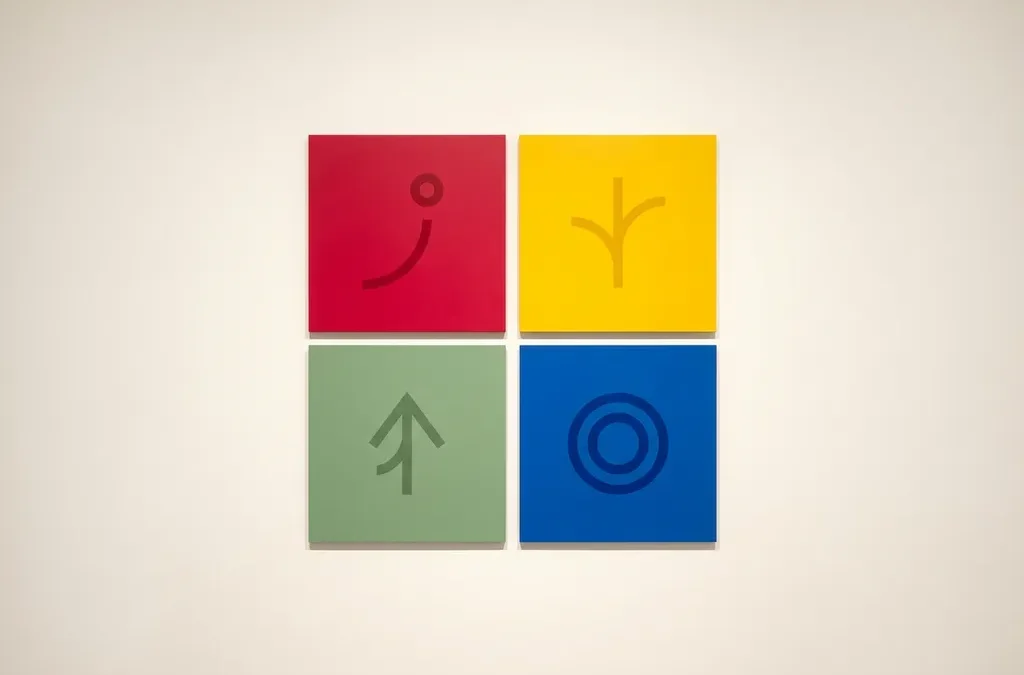 Vier geometrische kwadranten in rood, geel, groen en blauw met minimale abstracte vormen die groei symboliseren, strak gerangschikt op wit oppervlak.