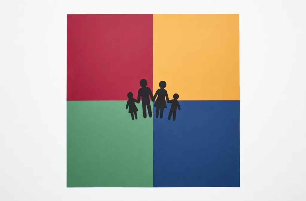 Vier gekleurde kwadranten in rood, geel, groen en blauw met minimalistische menselijke silhouetten op het middelpunt, symbool voor samenwerking.