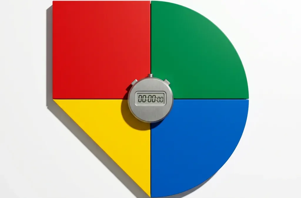 Stopwatch op het middelpunt van vier geometrische kwadranten in rood, geel, groen en blauw op witte achtergrond.