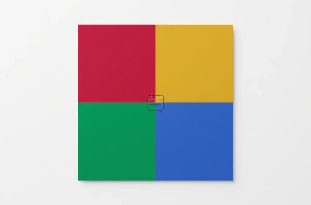 Vier gekleurde kwadranten in rood, geel, groen en blauw met een klein kalender-icoon op het middelpunt, minimalistische geometrische compositie.