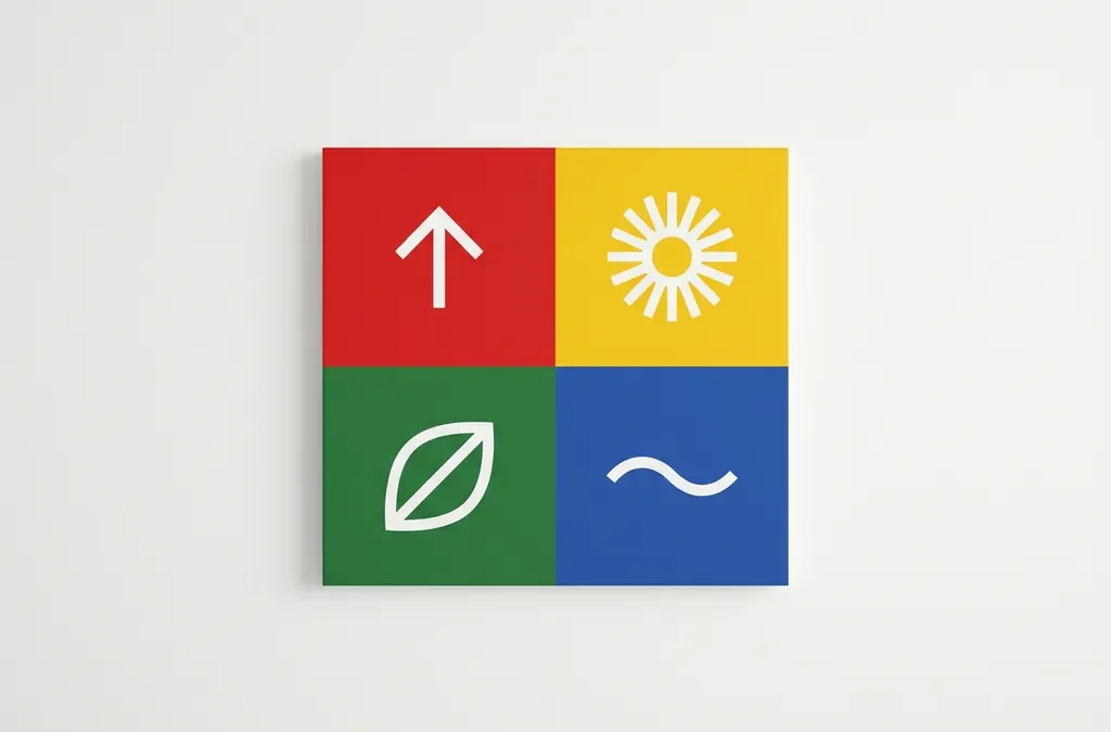 Vier geometrische kwadranten in rood, geel, groen en blauw met abstracte vormen die persoonlijkheidskenmerken symboliseren, op witte achtergrond.