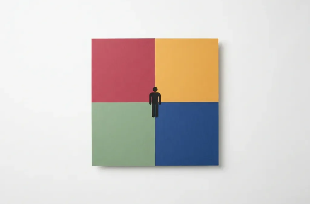Minimalistische menselijke silhouet gecentreerd op het snijpunt van vier gekleurde kwadranten in rood, geel, groen en blauw.