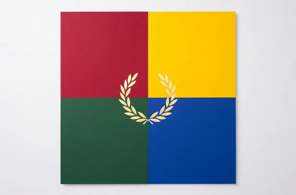Vier geometrische kwadranten in rood, geel, groen en blauw met een certificeringslint op het middelpunt.