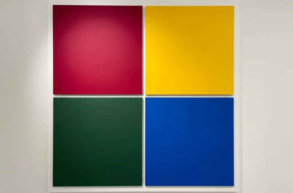 Vier geometrische kwadranten in crimson, zonnebloem geel, bosgroen en kobaltblauw, symmetrisch gerangschikt vanuit een centraal punt.