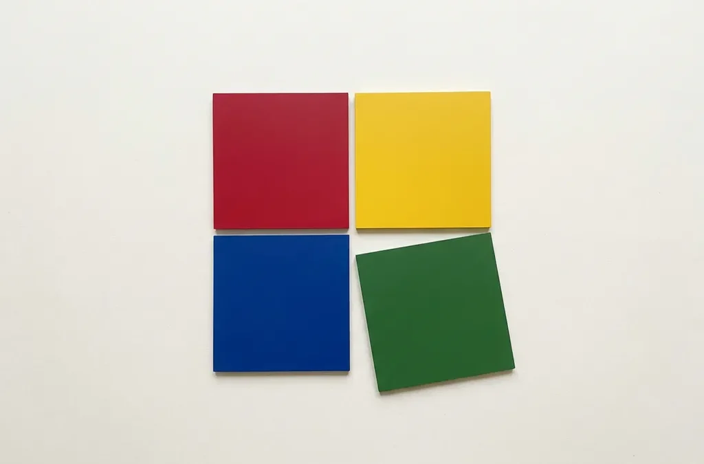 Vier geometrische kwadranten in rood, geel, groen en blauw in een 2x2-raster, één vlak licht verschoven als symbool voor een beginnersfout.
