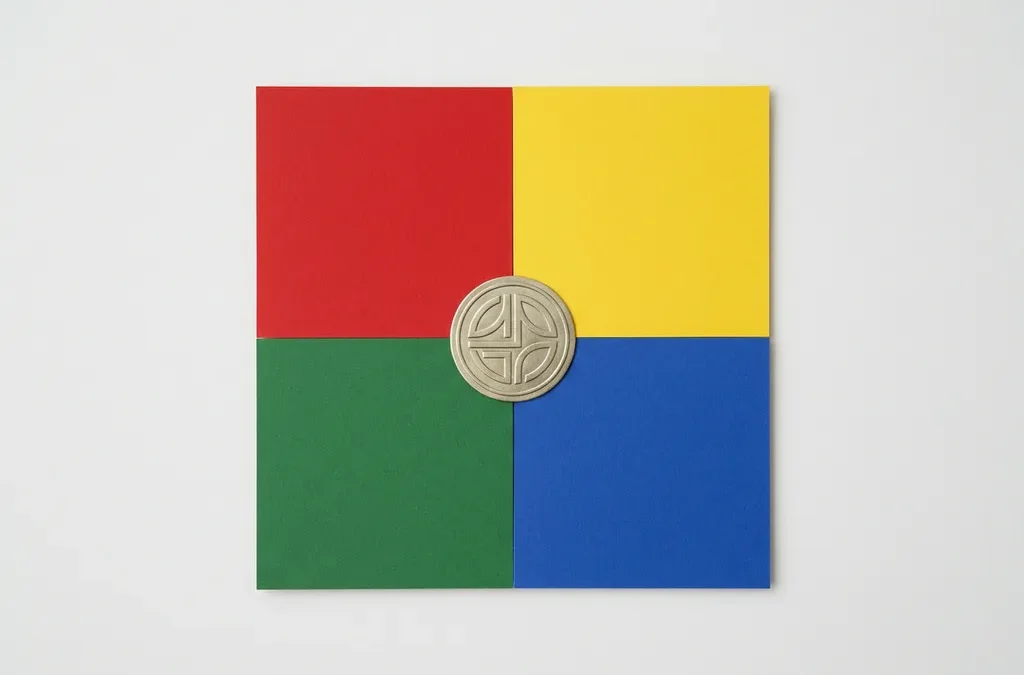 Officieel certificaat op het snijpunt van vier geometrische kwadranten in rood, geel, groen en blauw.
