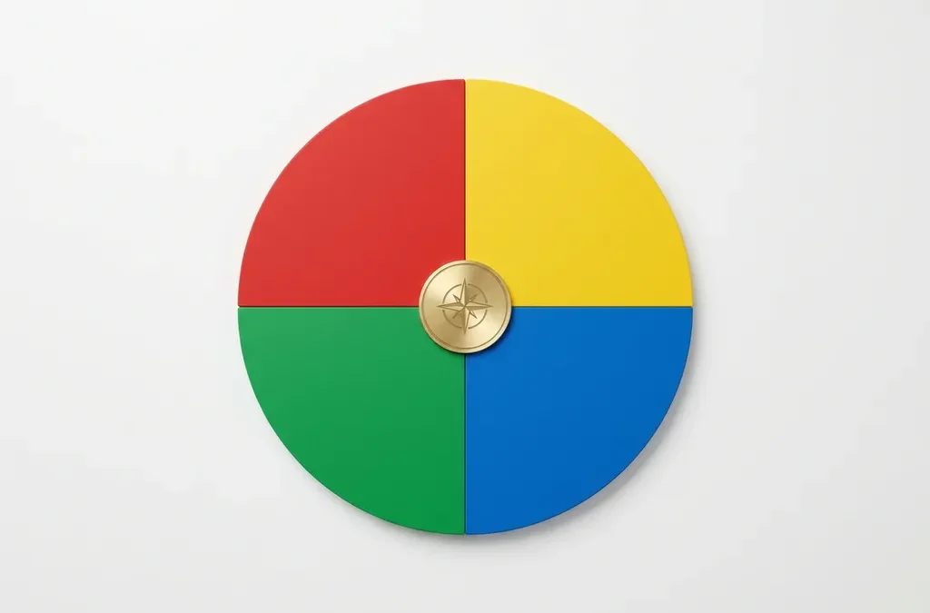 Vier geometrische kwadranten in rood, geel, groen en blauw gerangschikt in een cirkel met een certificeringsmedaille in het middelpunt.