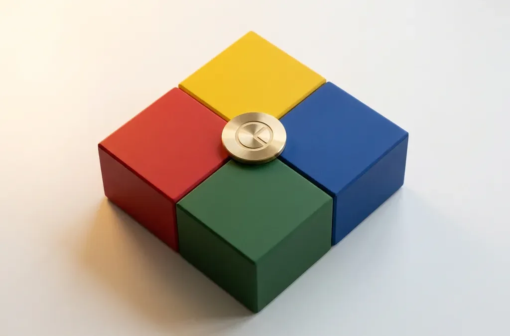 Gouden certificeringsmedaille op het snijpunt van vier geometrische kwadranten in rood, geel, groen en blauw.