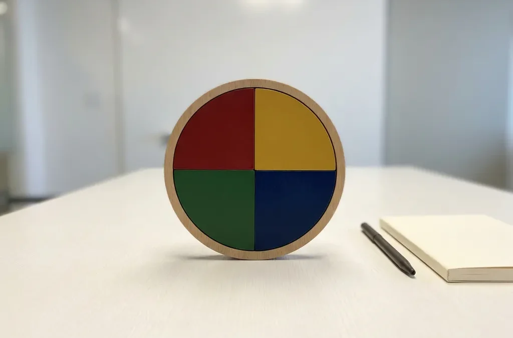 Kleurenwiel verdeeld in vier gelijke kwadranten in rood, geel, groen en blauw, naast een notitieboekje en pen op een witte ondergrond.