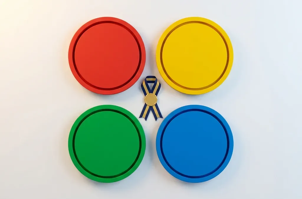 Vier DISC-cirkels in rood, geel, groen en blauw in een 2x2 raster met een certificeringslint in het midden.
