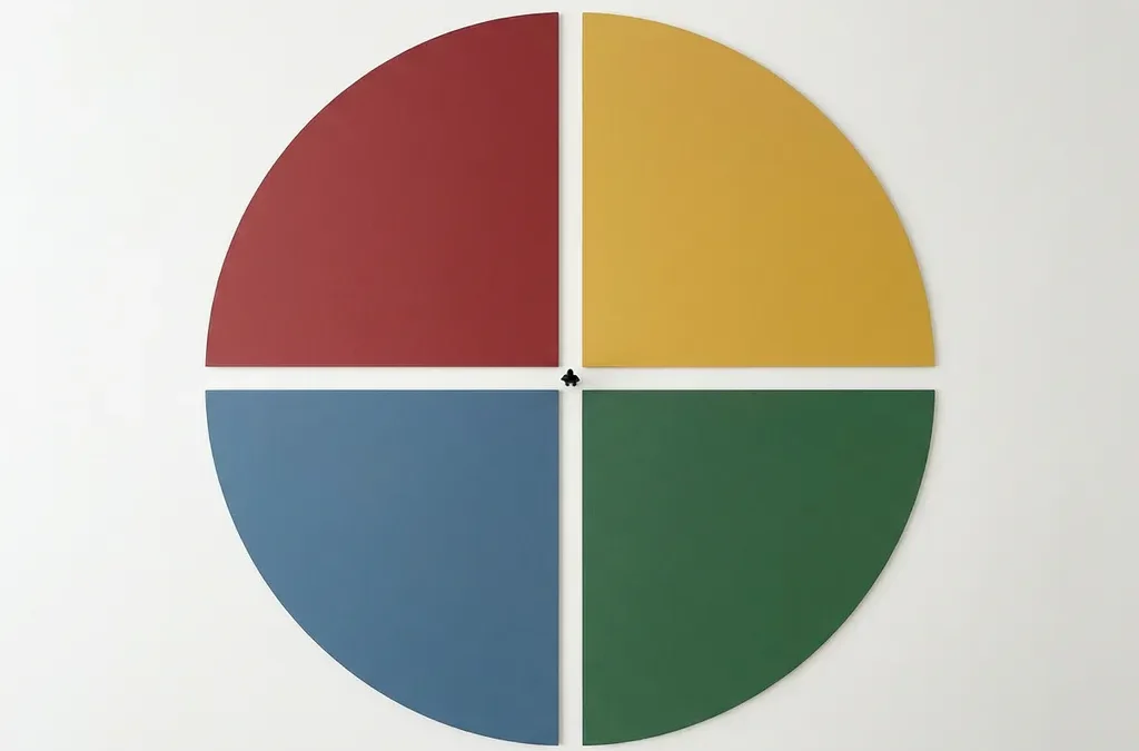 Silhouet van persoon staand op kruispunt van vier DISC-kleurkwadranten rood, geel, groen en blauw in cirkel.