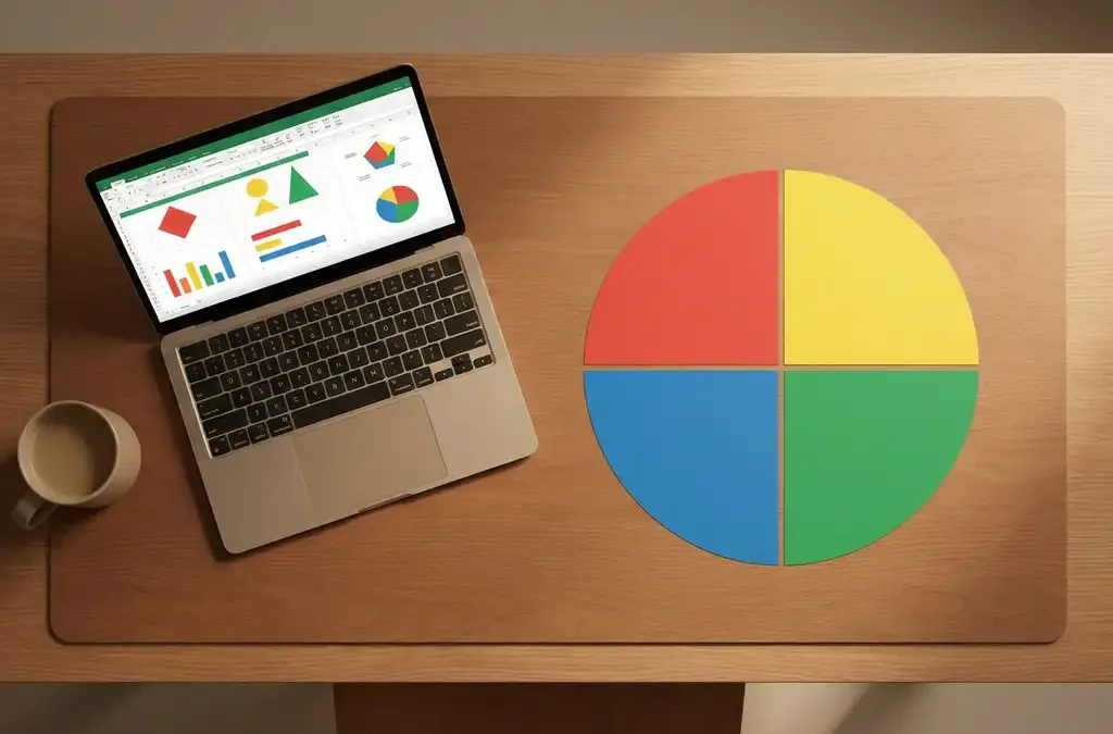Bureau met laptop met werkspreadsheet, DISC-cirkel in rood, geel, groen en blauw, en een koffiekop in minimalistische werkruimte.