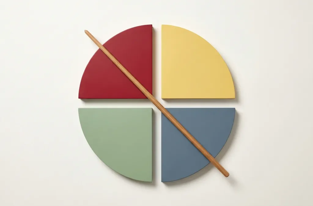 Vier geometrische kwadranten in rood, geel, groen en blauw gerangschikt in een cirkel met een houten aanwijsstok diagonaal eroverheen.