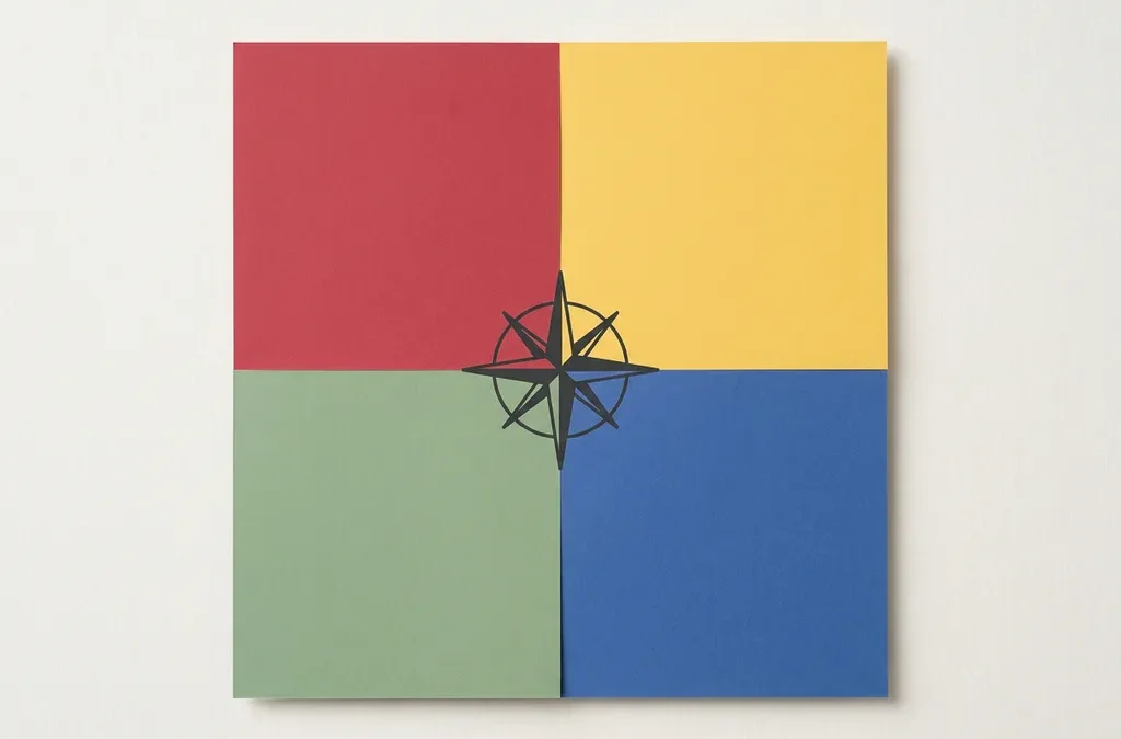 Geometrisch kwadraat in rood, geel, groen en blauw met een kompassilhouet gecentreerd op het snijpunt.