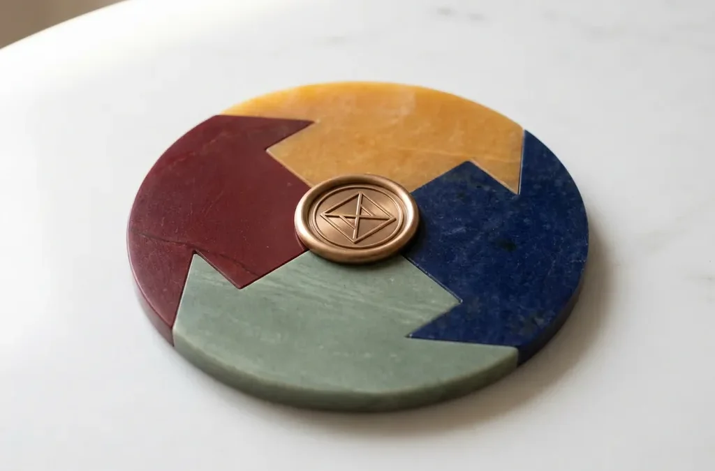 Vier geometrische kwadranten in rood, geel, groen en blauw als medaillon met bronzen zegel in het midden.
