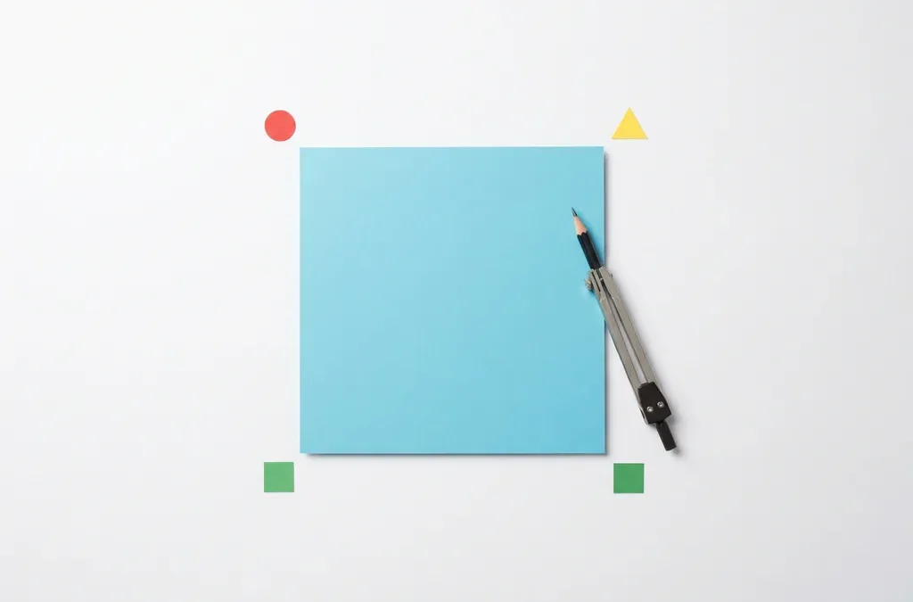 Blauw geometrisch vierkant op wit oppervlak met een passer, minimalistisch bovenaanzicht met rode, gele en groene accenten.