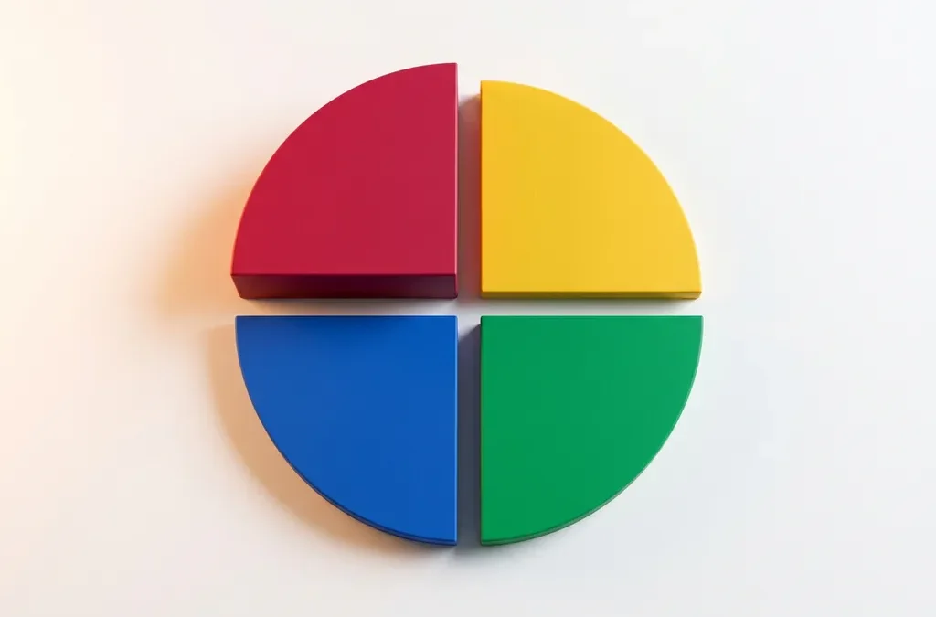 Vier geometrische kwadranten in rood, geel, groen en blauw gerangschikt in een cirkel, één kwadrant licht verheven met zachte schaduw.