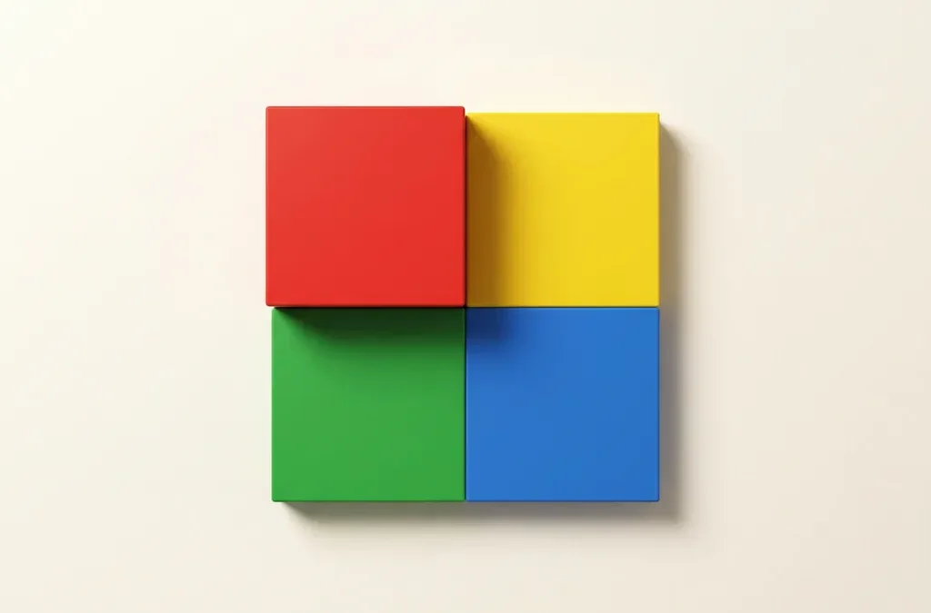 Vier geometrische kwadranten in rood, geel, groen en blauw als perfect vierkant, één kwadrant licht verheven met zachte schaduw.