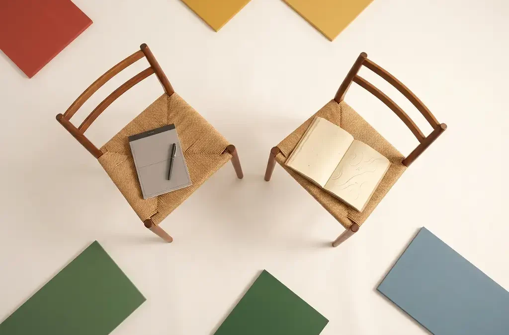 Twee minimalistische stoelen tegenover elkaar met notitieboek, pen en open dagboek op wit oppervlak, geometrische kleurblokken op achtergrond.