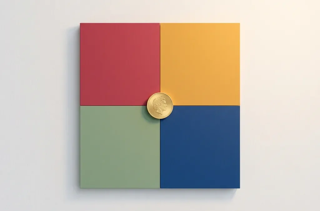 Gouden munt op het snijpunt van vier geometrische kwadranten in rood, geel, groen en blauw.