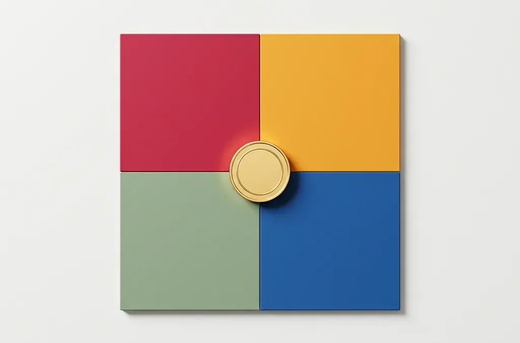 Gouden munt op het snijpunt van vier geometrische kwadranten in rood, geel, groen en blauw op wit oppervlak.